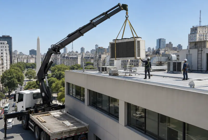 Hidrogrúa subiendo una condensadora a la azotea de un edificio