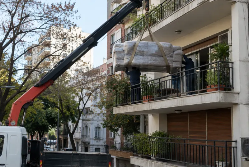 Hidrogrúa subiendo un sillón al balcón de un departamento